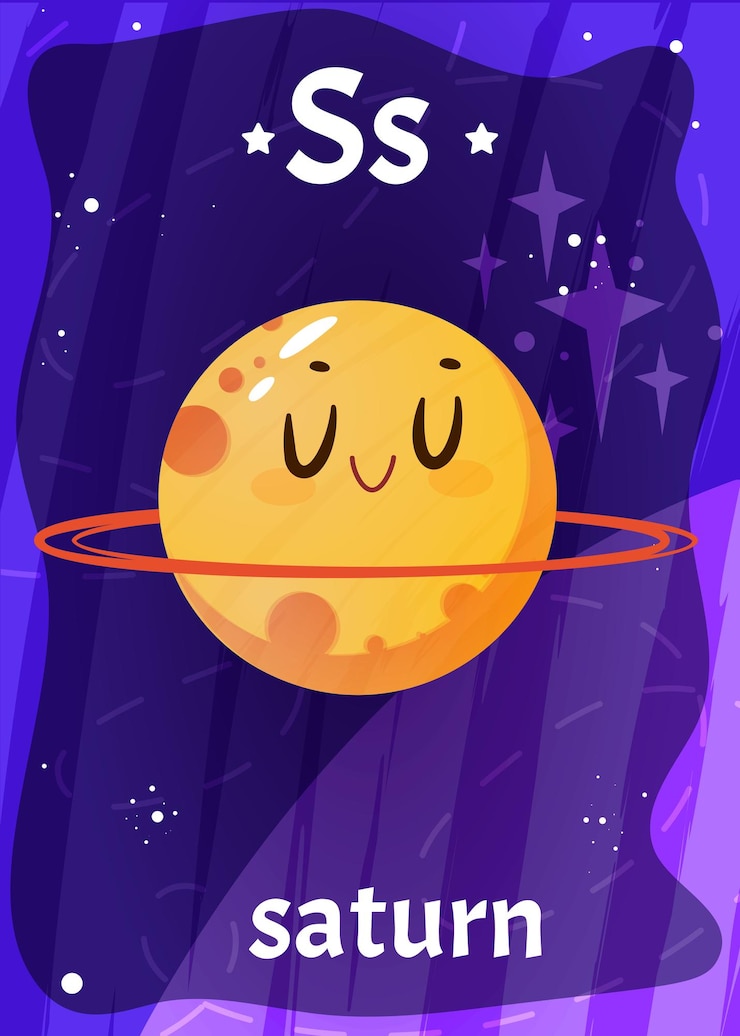 Free Vector cartoon printable space alphabet flashcard with letter s and saturn planet