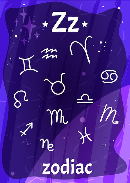 Free vector cartoon printable space alphabet flashcard with letter z and zodiac signs