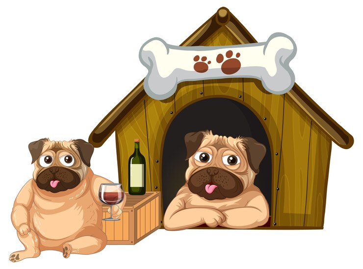 Free Vector cartoon pug dogs and doghouse