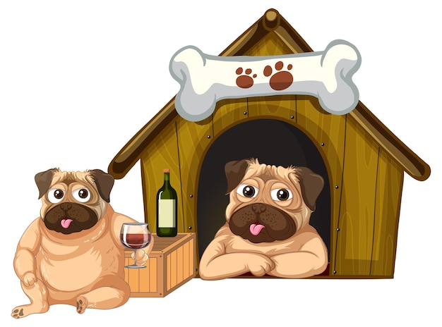 漫画のパグ犬と犬小屋