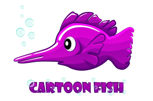 Cartoon purple swordfish swims in the water.