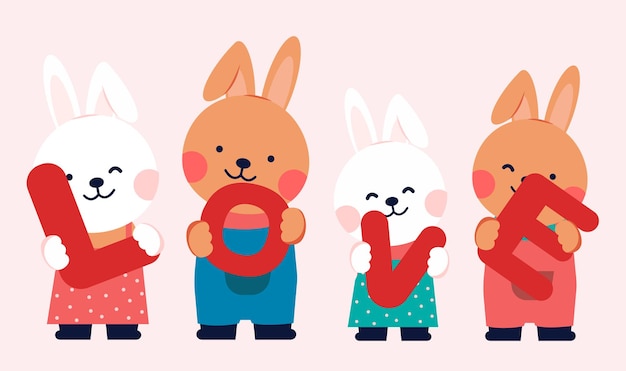 Cartoon rabbits characters holding the text love