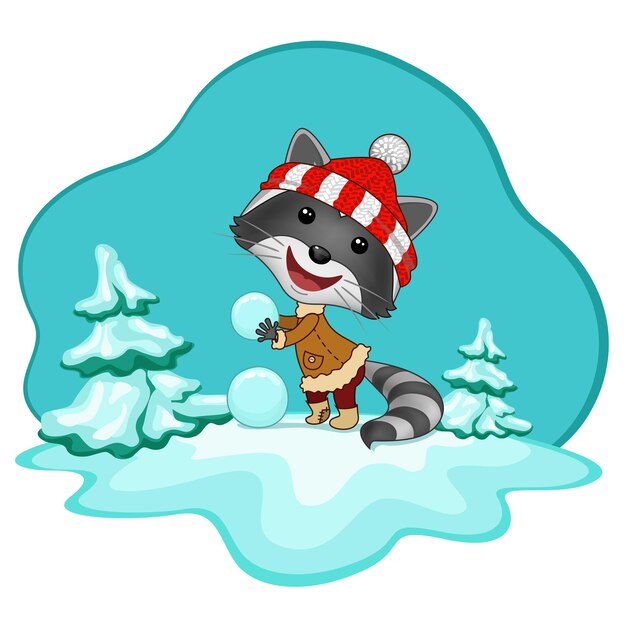 Free vector cartoon raccoon sculpts snowman