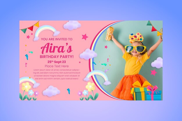 Cartoon rainbow birthday invitation template with photo