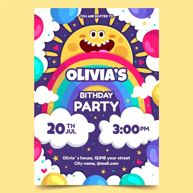 Free vector cartoon rainbow birthday invitation template