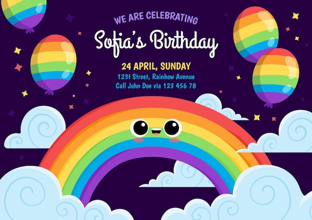 Cartoon rainbow birthday invitation template