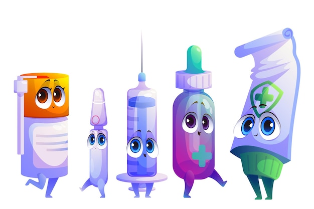 Free vector cartoon remedy drugs or medicament characters set