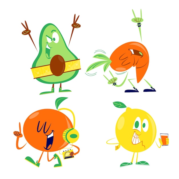 Cartoon retro fruits and vegetables collection