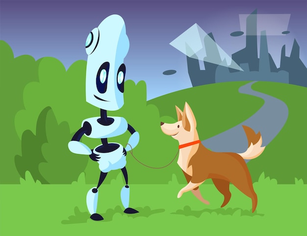 公園のイラストで犬を歩く漫画ロボット