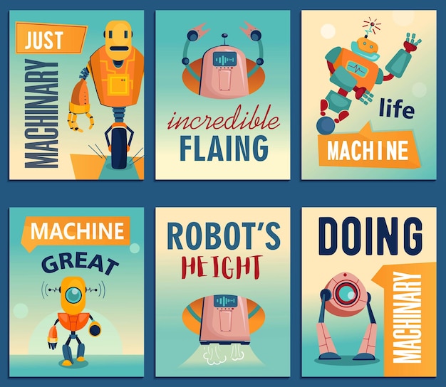 Free vector cartoon robots flyers set. machines, cyborgs, electronic assistants flyer template