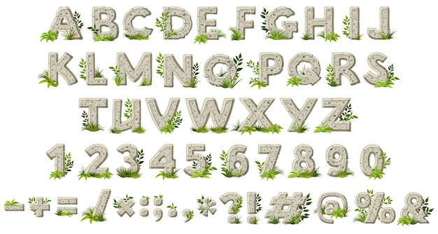 나뭇잎과 잔디가 있는 만화 바위 알파벳 글꼴입니다. 석기시대 글.