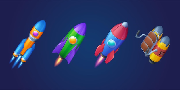 Cartoon rockets shuttles and jetpack