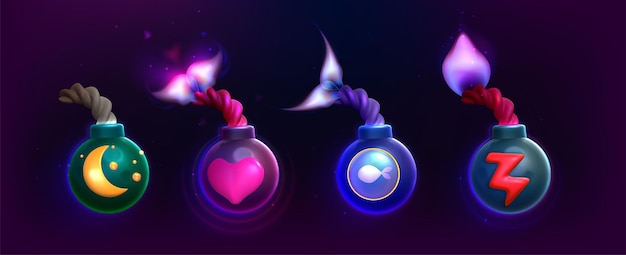 Free vector cartoon round bomb game icons explosive weapon 3d balls with rope wick and flame with heart moon and electric power dollar sign inside graphic elements user assets or props for ui store design
