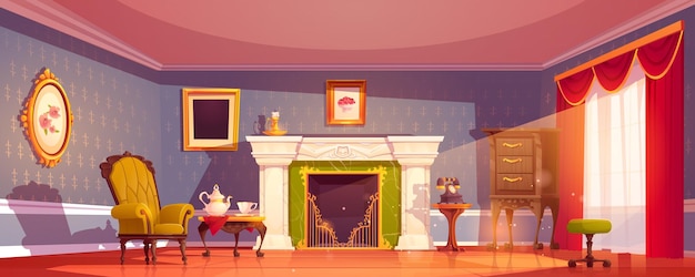 Free vector cartoon royal living room interior with fireplace