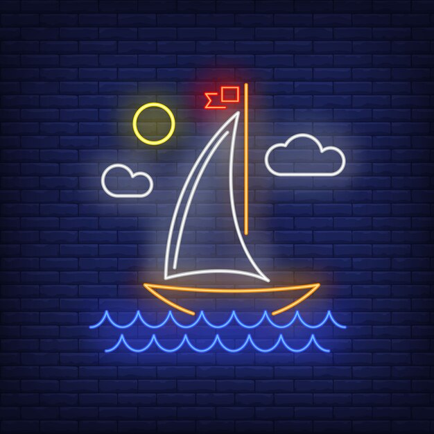 Cartoon sailing ship neon sign. Vessel, voyage, adventure.