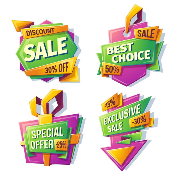 Free vector cartoon sale banners, badges, stickers, tags