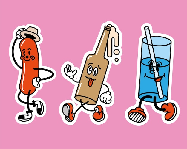 cartoon sausage and drinks comic icons