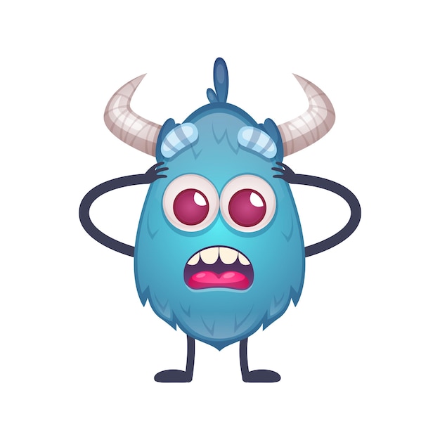 Cartoon  of scared blue monster with round eyes  illustration