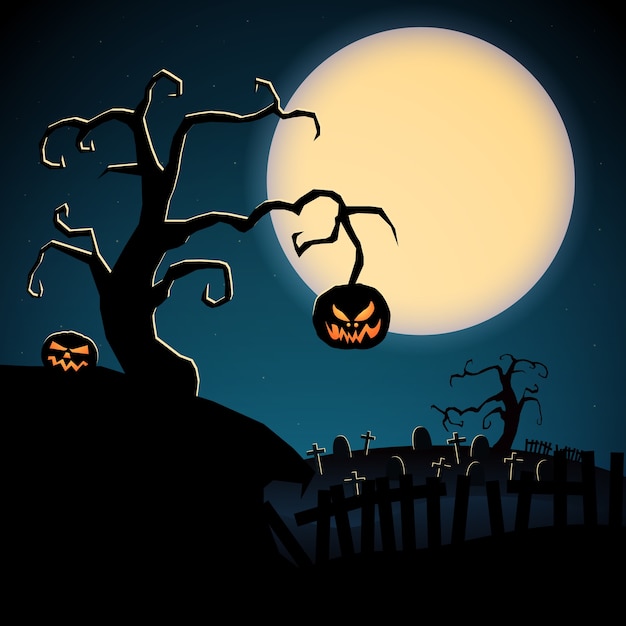 Cartoon scary happy halloween template with dry tree evil pumpkins and graveyard on moon background