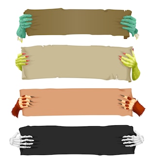 Cartoon scary monster hands with banners scrolls