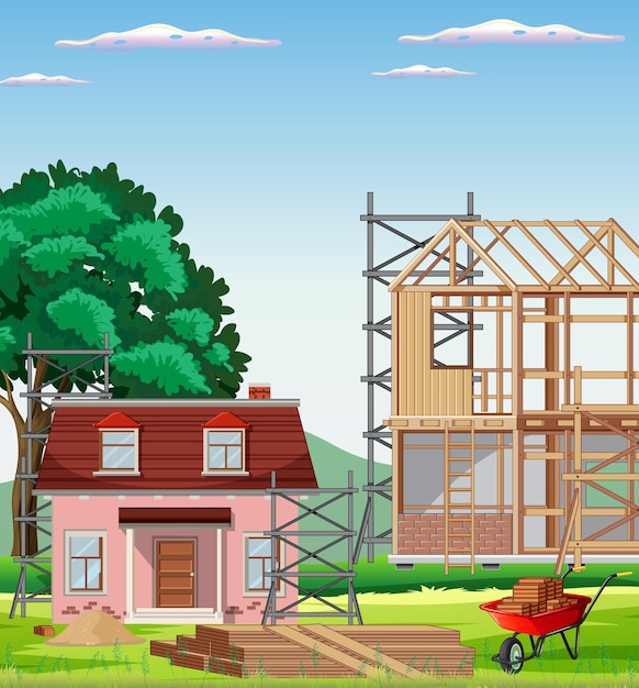 Cartoon scene of building construction site