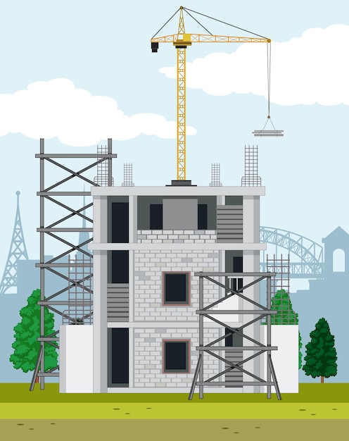 Cartoon scene of building construction site