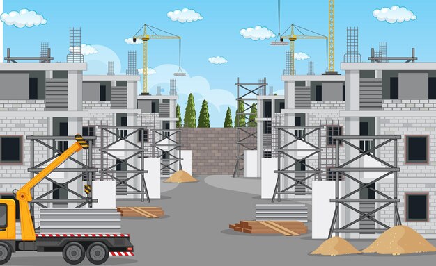 Cartoon scene of building construction site