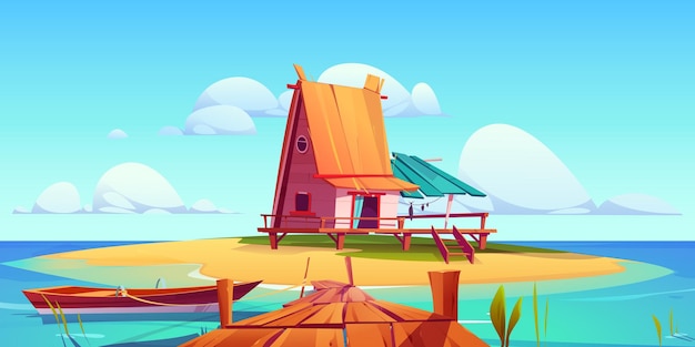 Free vector cartoon scene with small house on island in ocean