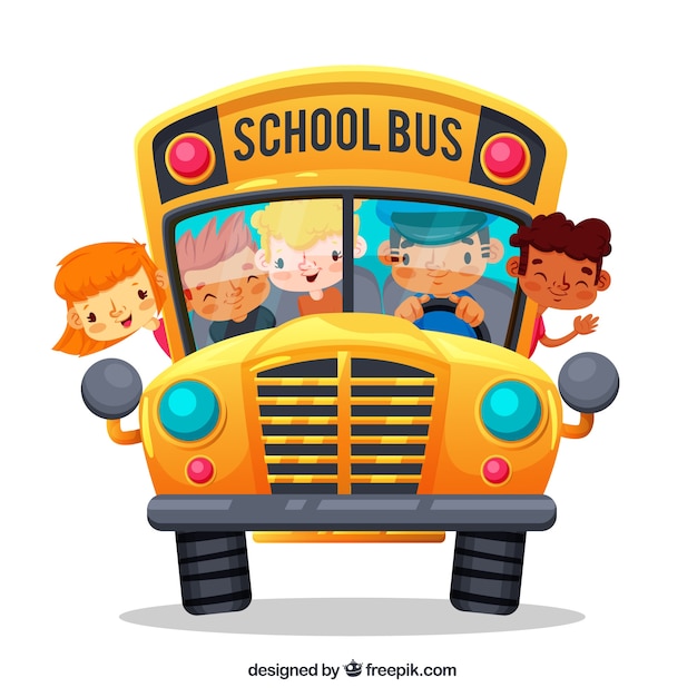 Мультяшный школьный автобус и дети с плоским дизайном