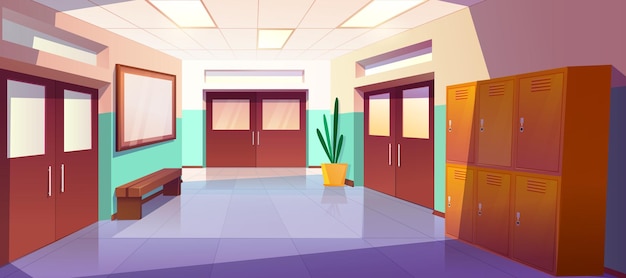 Vettore gratuito interno del corridoio della scuola dei cartoni animati con armadietti porte chiuse e panca