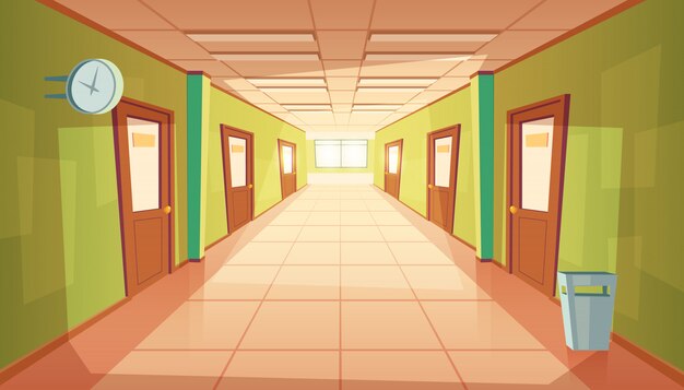 cartoon school hallway with window and many doors. 