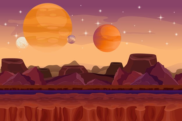 만화 공상 과학 게임 완벽 한 배경입니다. 외계 행성 풍경. 산과 분화구, 시각화 환상, 자연 전망