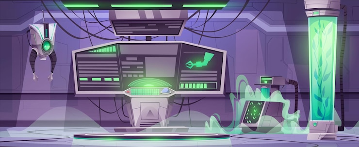 Free Vector cartoon scientific laboratory on spaceship interior with equipment and machinery for research experiments computers and monitors with graphs robotic arms and plants in capsule with green liquid