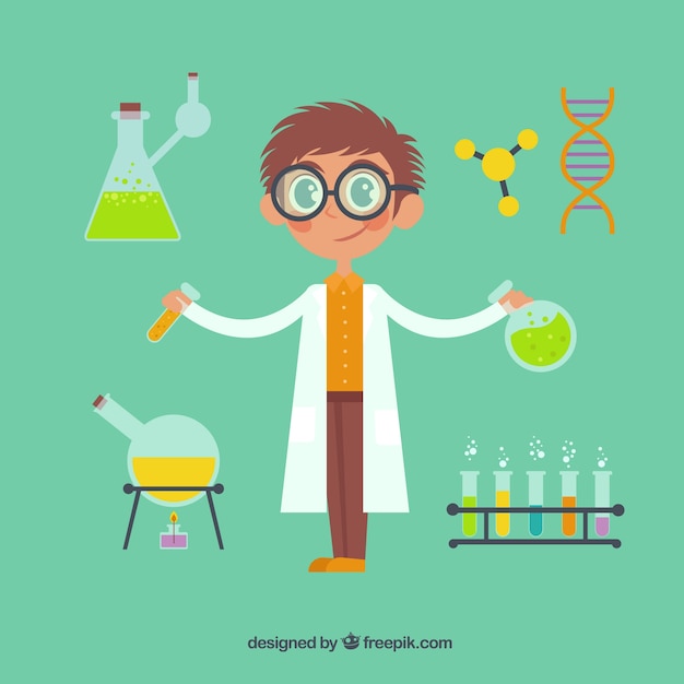 Free vector cartoon scientist with chemical elements