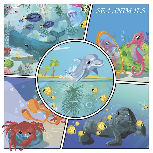 Бесплатное векторное изображение Мультяшные морские животные красочная композиция с дельфинами, морскими коньками, рыбами, китами, крабами, медузами, кораллами и водорослями