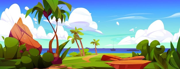 Free vector cartoon sea landscape with rock and palm vector tropical ocean summer scene with lagoon and shore road to beautiful seaside coast for vacation tropic horizon paradise day panorama concept