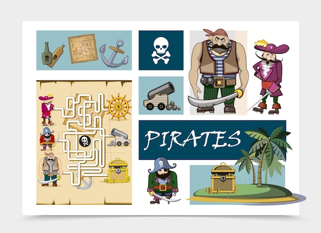 Free Vector Cartoon Sea Pirates Concept with Bottles of Rum, Map, Anchor, Skull, Crossbones, Cannon, Treasure Chest on Island Pirate Maze Illustration