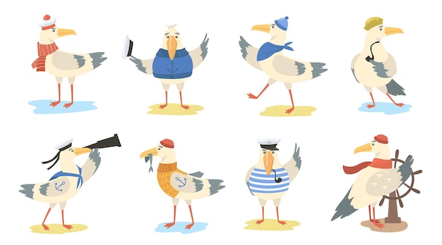 Cartoon seagull set. different actions of bird wearing sailor costumes and hats. flat illustration