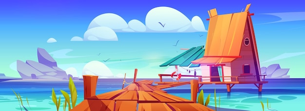Бесплатное векторное изображение Мультяшный морской пейзаж с мостом и домом на воде