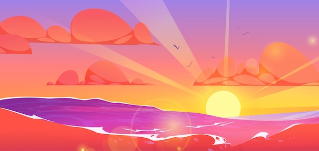 Vettore gratuito vista sul mare del fumetto con il tramonto all'orizzonte