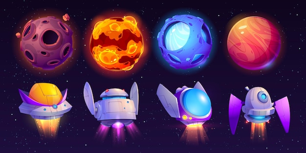 Cartoon set of alien planets and spacecraft