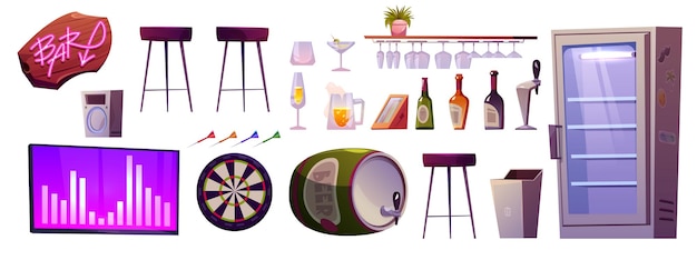 Free vector cartoon set of bar interior elements isolated on white background vector illustration of pub furniture cocktail glasses bottles of alcoholic beverages beer barrel fridge tv screen and darts