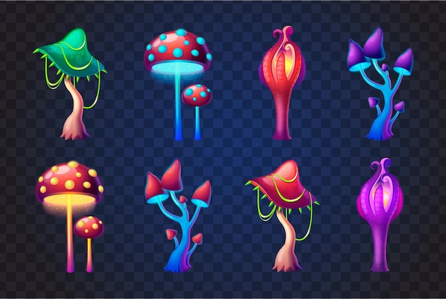 Vettore gratuito set di cartoni animati di funghi magici fantasy colorati isolati su sfondo trasparente