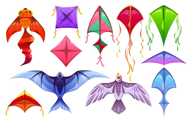 Free vector cartoon set of colorful kites isolated on white