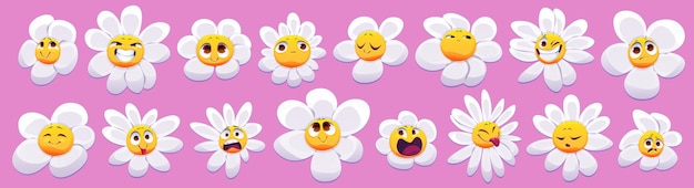 Cartoon set of cute chamomile emoji with emotions