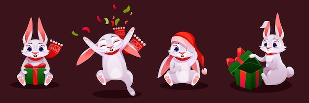 Cartoon set of cute christmas bunnies on brown