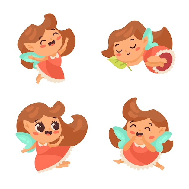 Free vector cartoon set of cute fairy girl character flying, smiling, yawning and sleeping