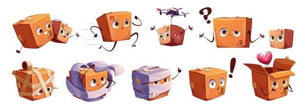 Free vector cartoon set of cute parcel mascots on white