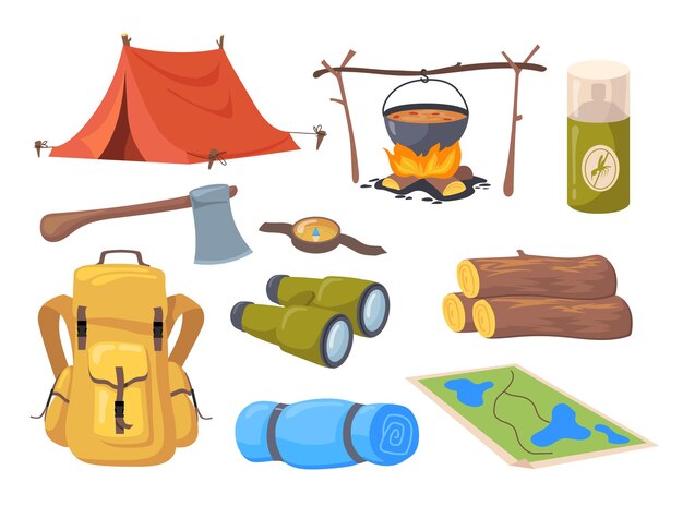 Cartoon set of different tourism symbols. Flat illustration.