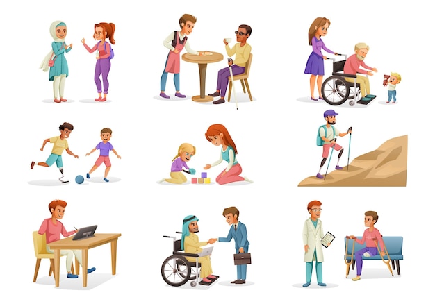 Cartoon set of disabled blind deaf and dumb people with prostheses in wheelchair doing various activities isolated vector illustration
